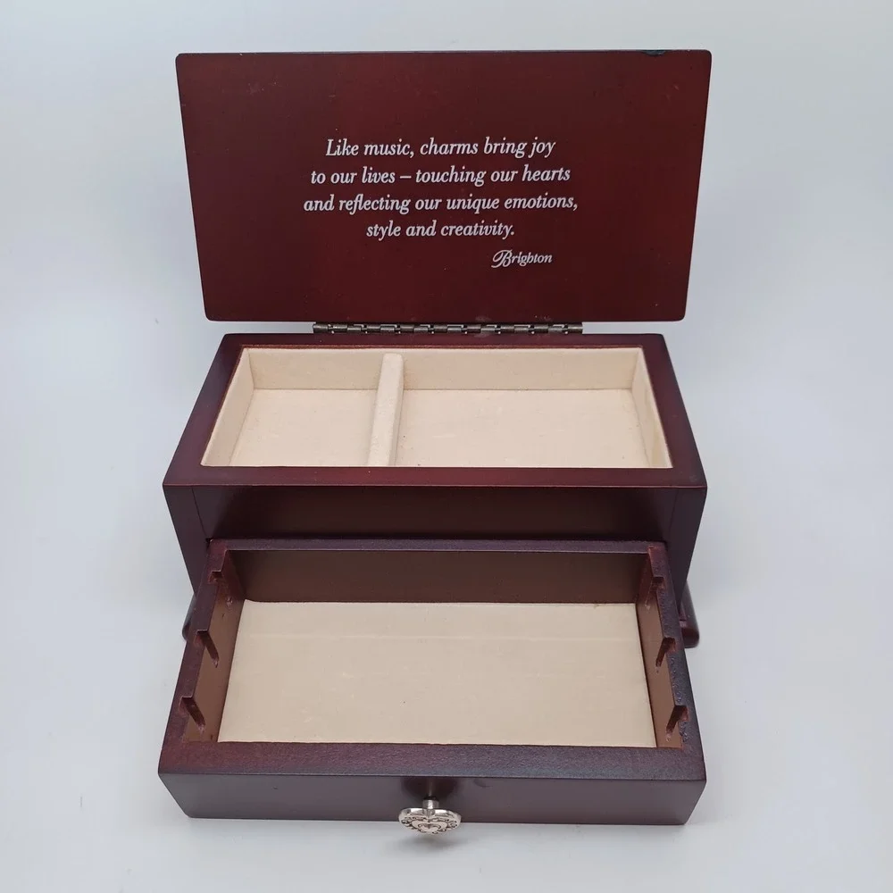 Brighton Wood Jewelry Box Cherry Finish Heart Knob Charm Quote Keepsake Drawer